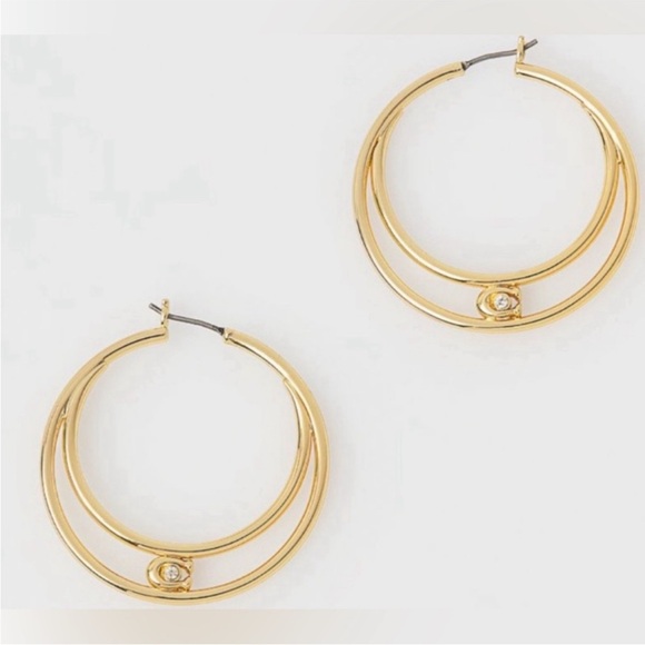 New Coach Logo Signature Double Hoop Earrings with Crystal in Gold Plated Brass - Picture 4 of 5